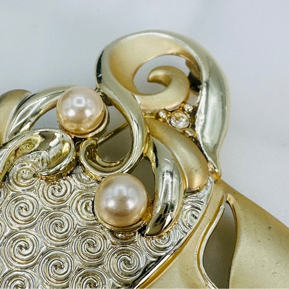 Woman Face Mask Brooch Pin Scroll Faux Pearl Rhinestone Accent Gold Tone Theater - Picture 4 of 10